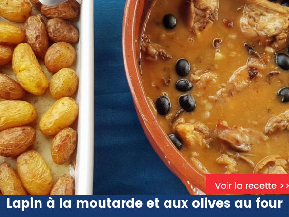 Lapin à la moutarde et aux olives au four